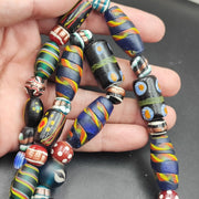 Vintage african asian mosaic glass chevron beads long strand necklace.