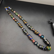 Vintage african asian mosaic glass chevron beads long strand necklace.