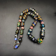 Vintage african asian mosaic glass chevron beads long strand necklace.