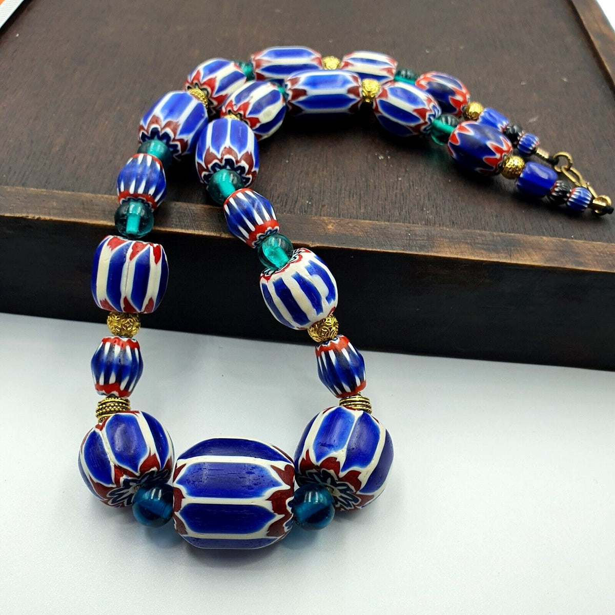 Venetian style blue chevron glass beads necklace nch-3Gift