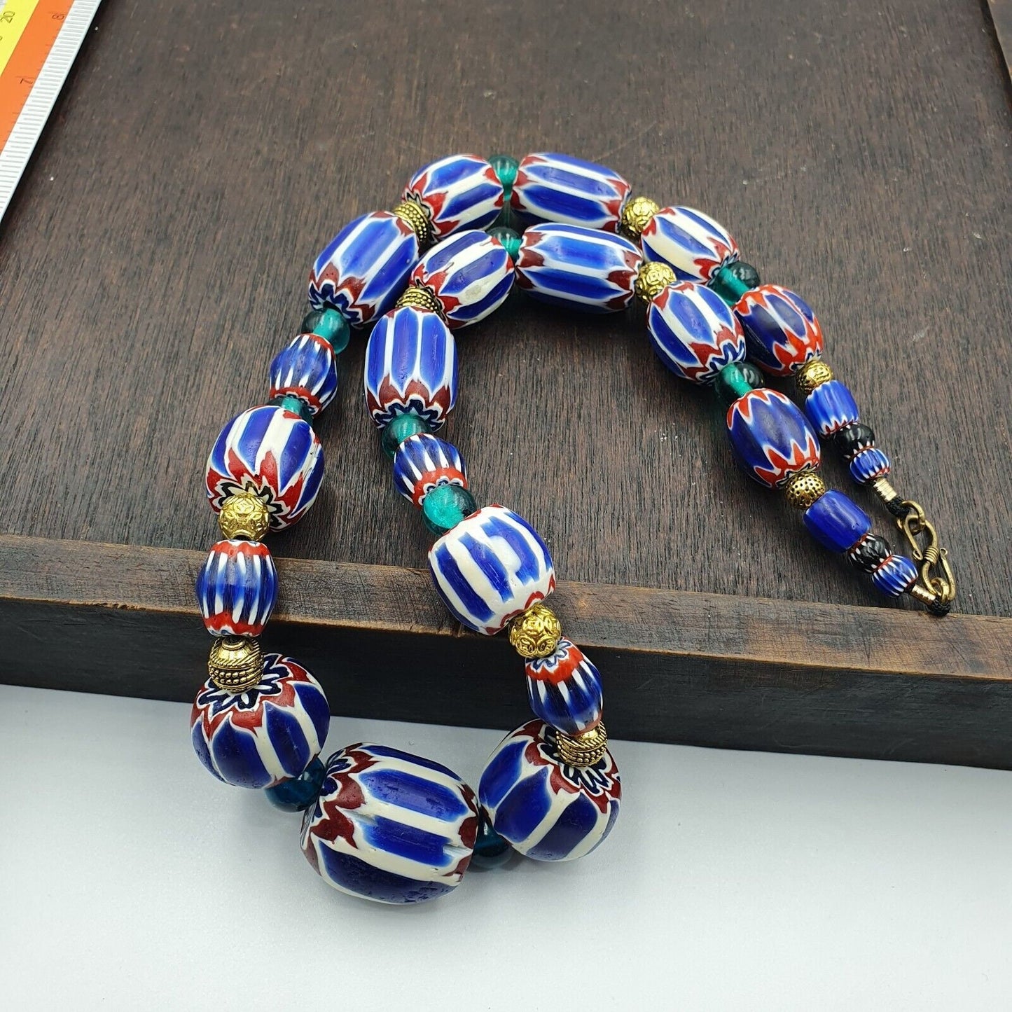 Venetian style blue chevron glass beads necklace nch-3Gift