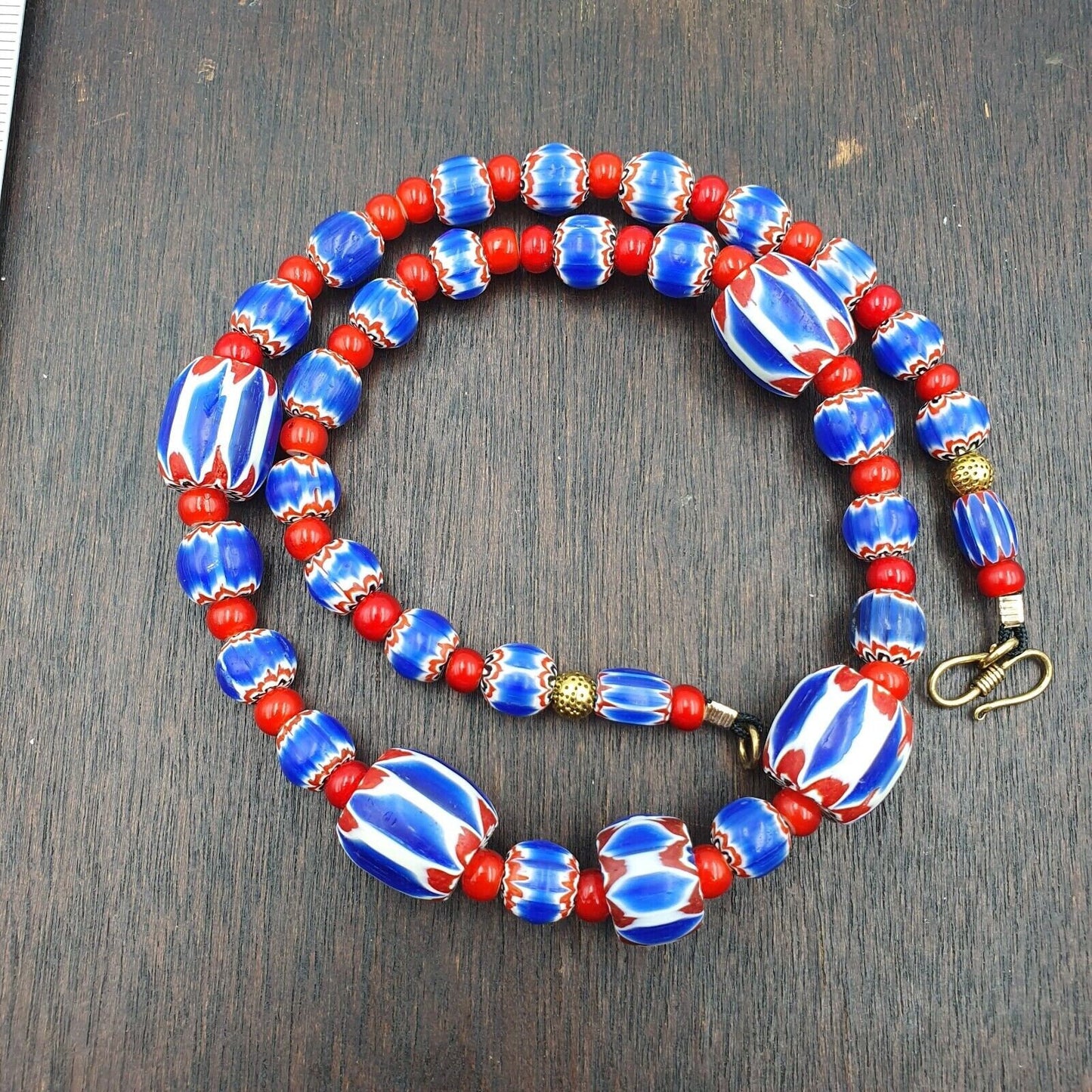 Venetian white heart and blue chevron glass beads necklace nch-2Gift