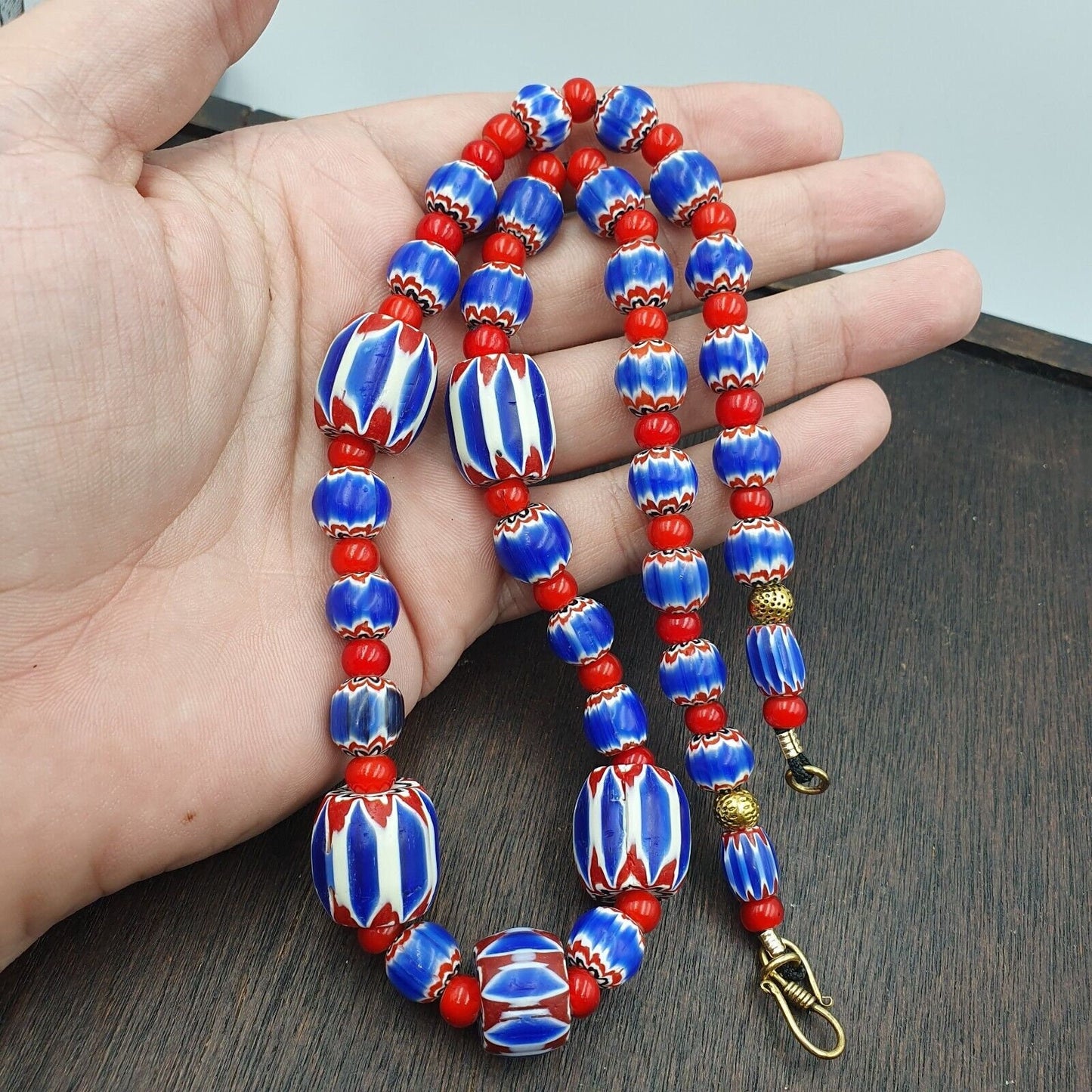Venetian white heart and blue chevron glass beads necklace nch-2Gift