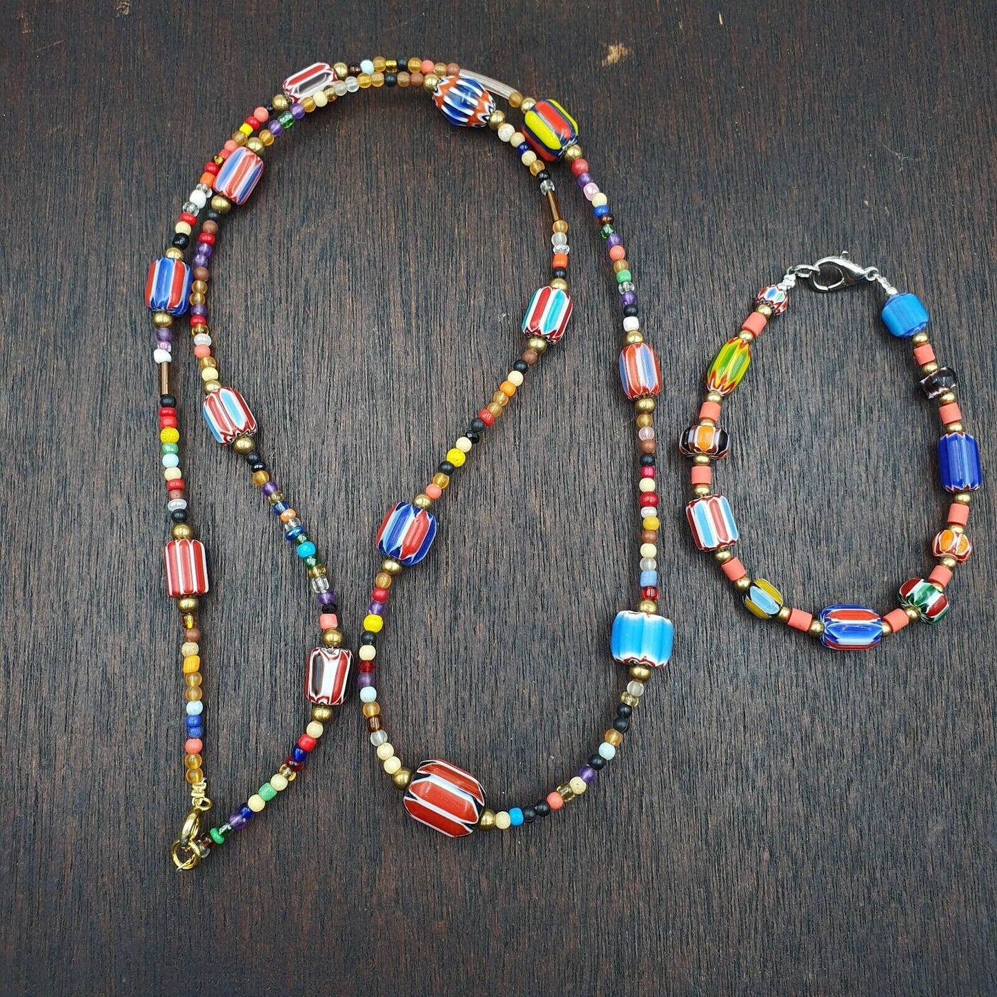 Set of vintage venetian style old african glass chevron beads long necklace ah-4