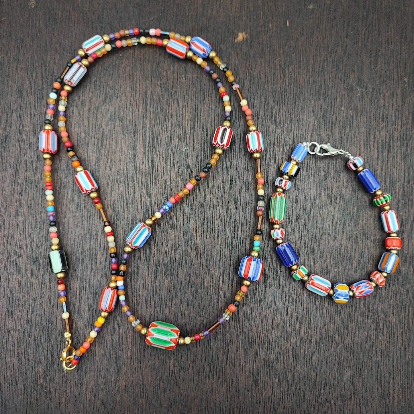Set of vintage venetian style old african glass chevron beads long necklace