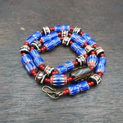 Vintage white heart venetian style blue chevron glass beads necklace n9-12.