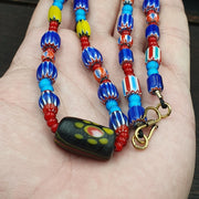 N9-11 vintage white heart venetian style blue chevron glass beads necklace.