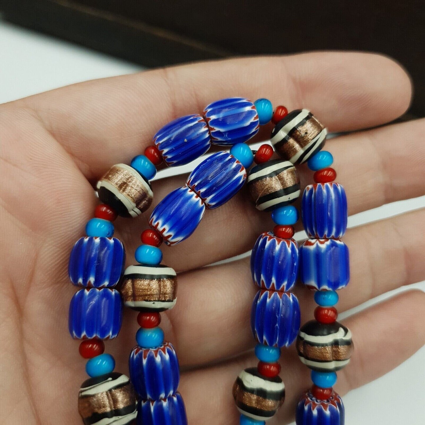 Antique white heart venetian style blue chevron glass beads necklace n9-5Gift