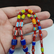 Antique white heart venetian style blue chevron glass beads necklace n9-6.