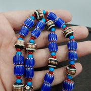 Antique white heart venetian style blue chevron glass beads necklace n9-5.