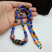 Antique white heart venetian style blue chevron glass beads necklace n9-7.