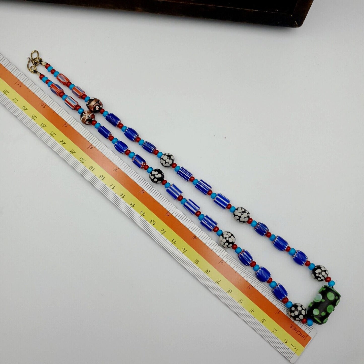 Antique white heart venetian style blue chevron glass beads necklace n9-8Gift
