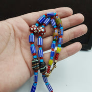 Antique white heart venetian style blue chevron glass beads necklace n94.