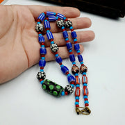 Antique white heart venetian style blue chevron glass beads necklace n9-8.