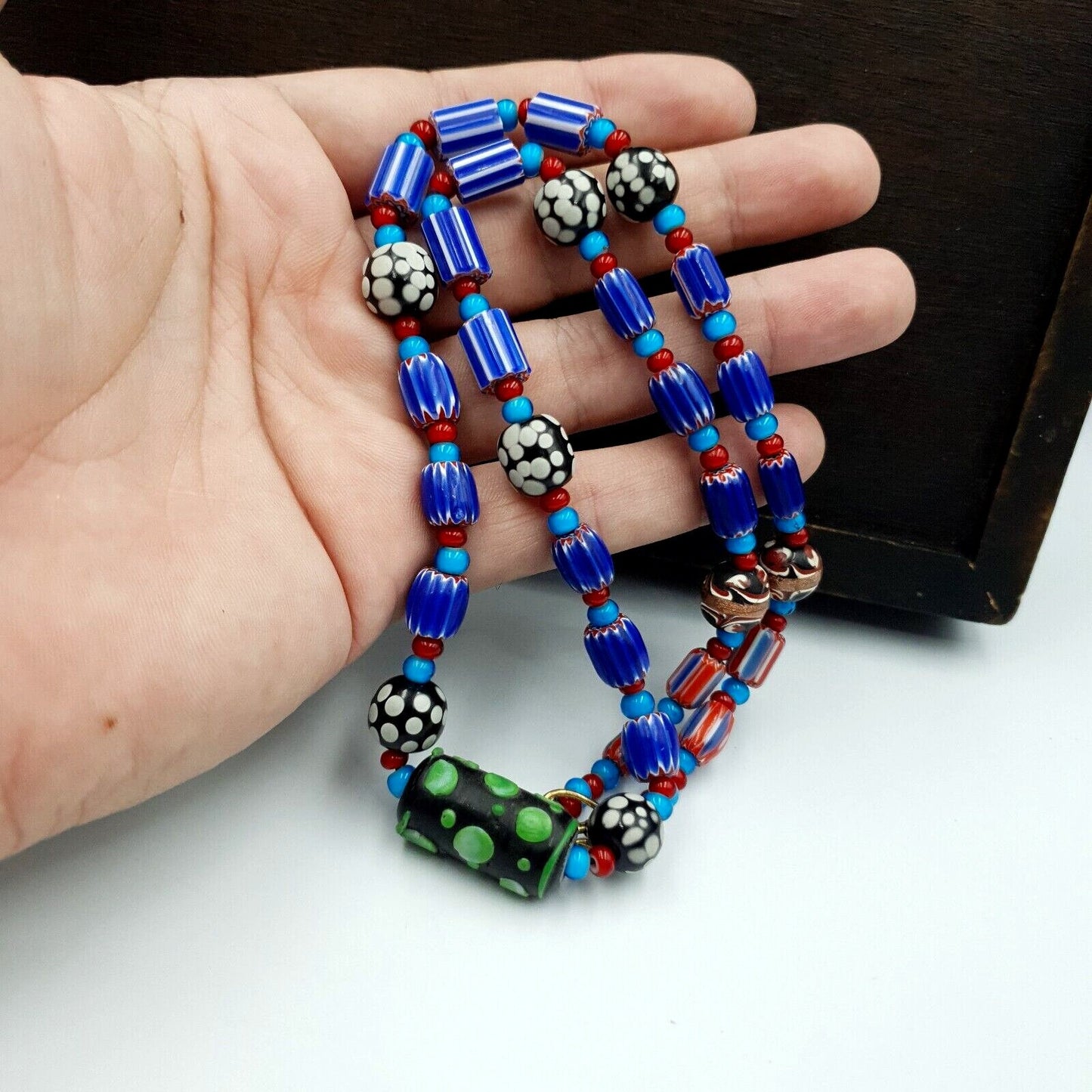 Antique white heart venetian style blue chevron glass beads necklace n9-8Gift