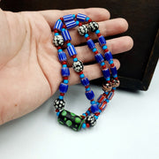 Antique white heart venetian style blue chevron glass beads necklace n9-8.