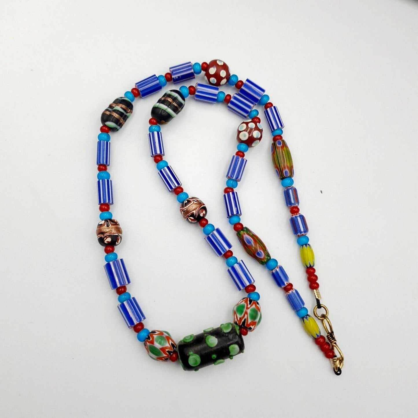 Antique white heart venetian style blue chevron glass beads necklace n94Gift