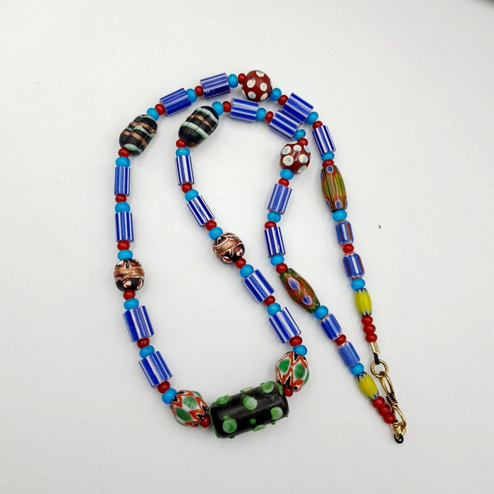 Antique white heart venetian style blue chevron glass beads necklace n94Gift