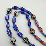 Antique white heart venetian style blue chevron glass beads necklace n9-8.