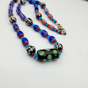 Antique white heart venetian style blue chevron glass beads necklace n9-8.