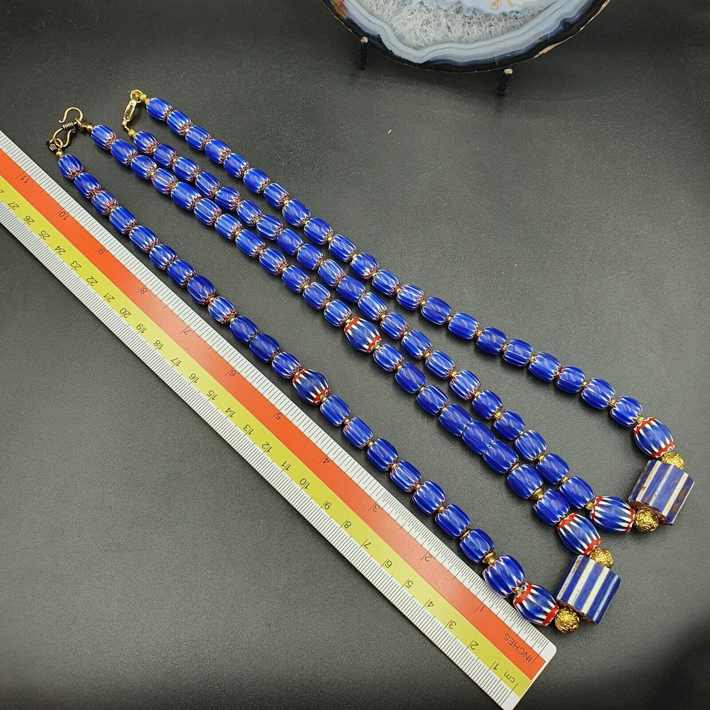 Vintage chevron and white heart venetian multilayers glass beads necklace n-155Gift