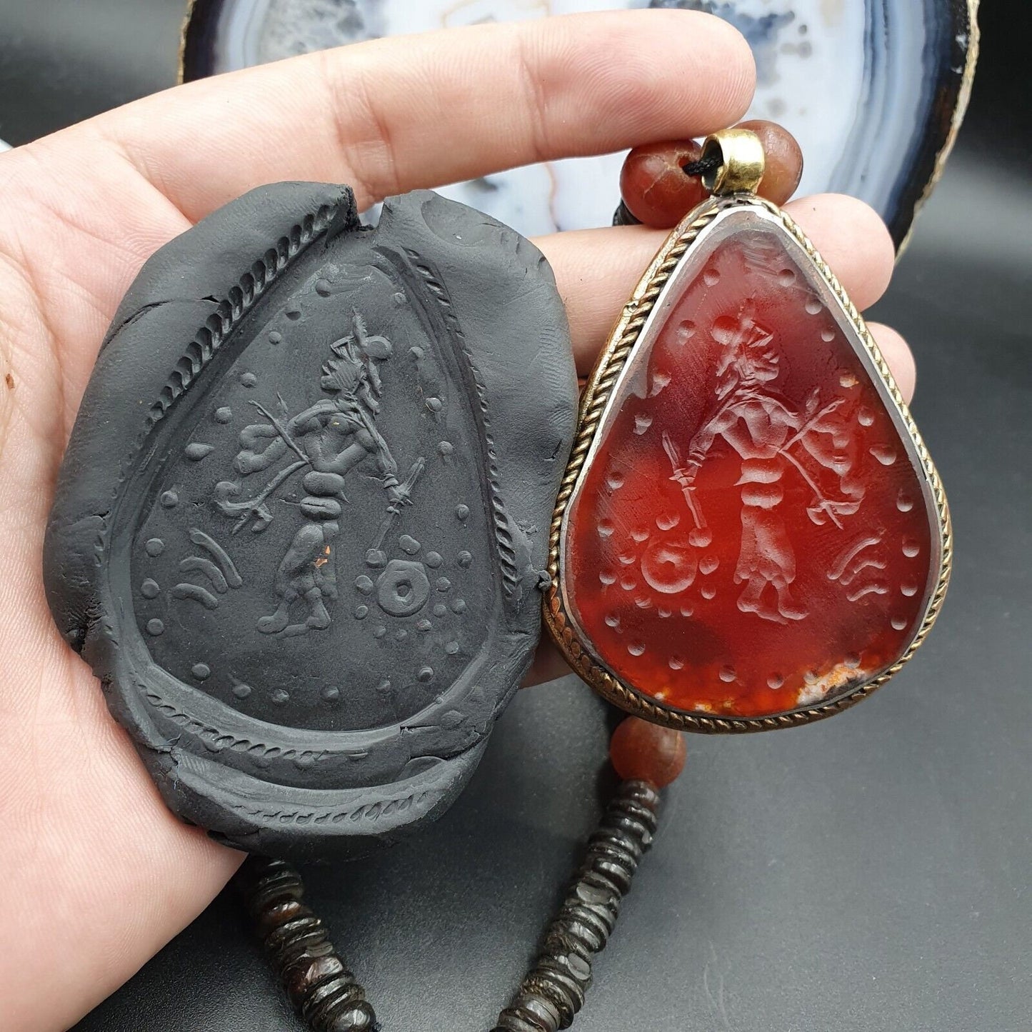 Antique Carved Agate Seal Pendent Necklace: Rare Bone Beads