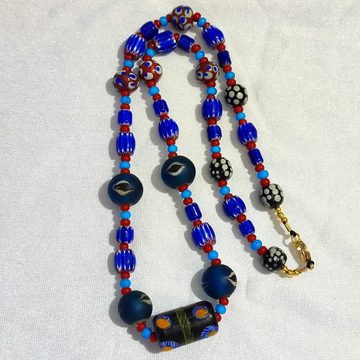 N94 blue chevron and white heart venetian beads african glass beads necklaceGift