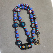 N94 blue chevron and white heart venetian beads african glass beads necklace.