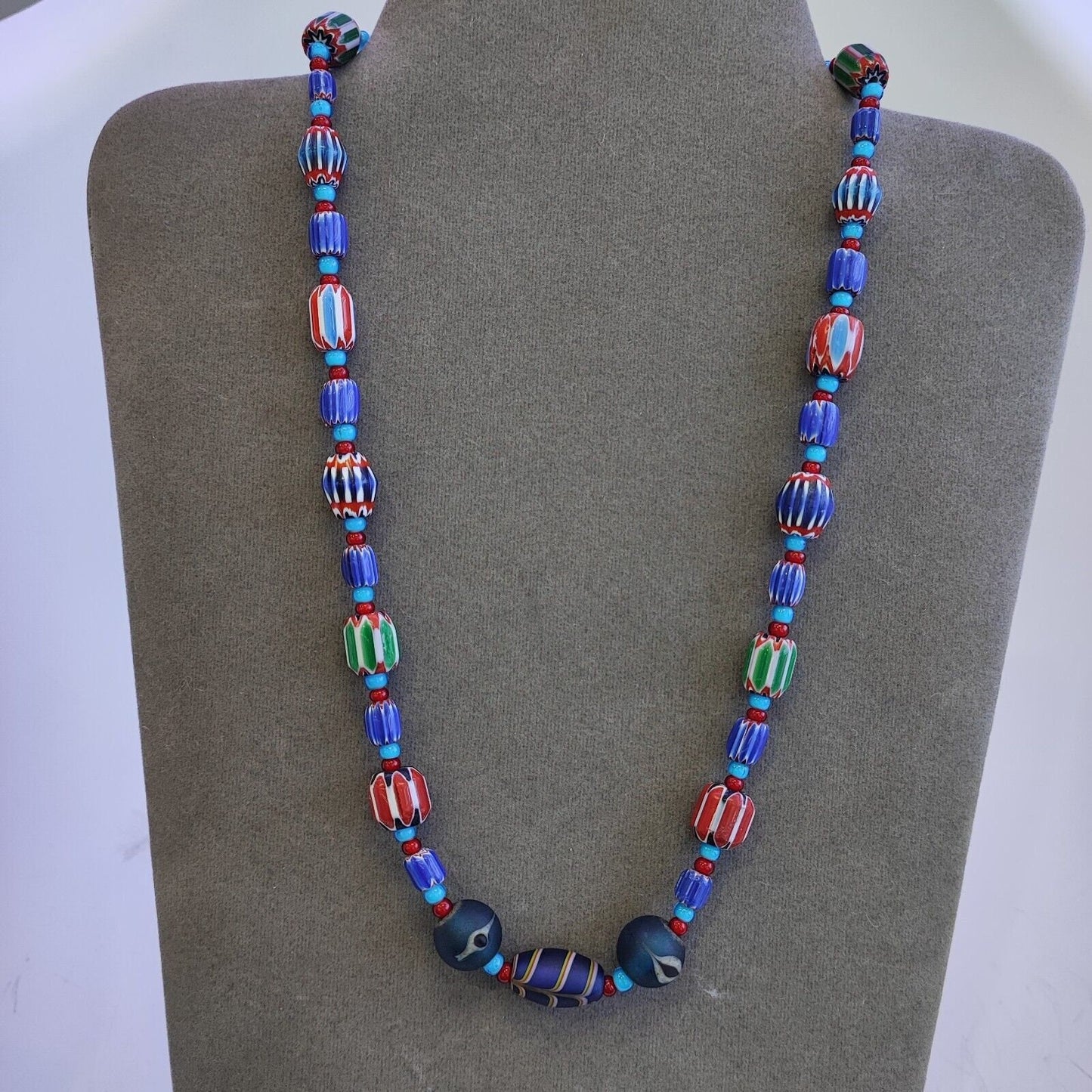 N95 blue chevron and white heart venetian beads african glass beads necklaceGift