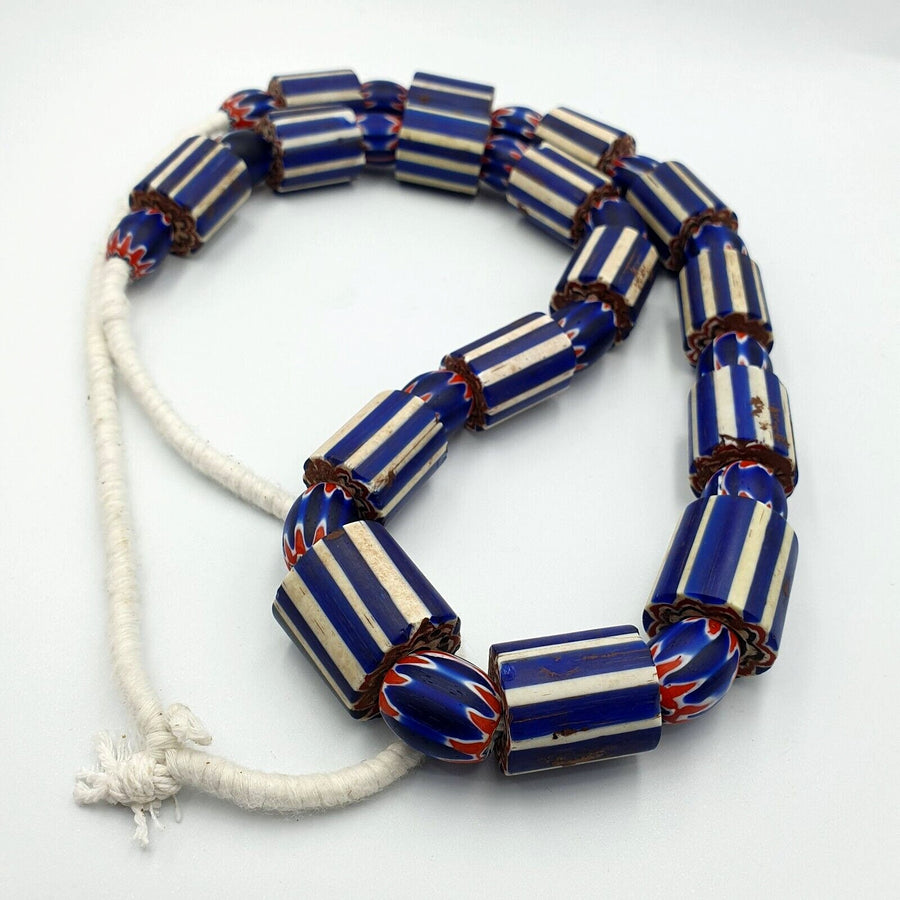 Vintage old blue chevron trade beads big size 20-22mm beads necklace nb2