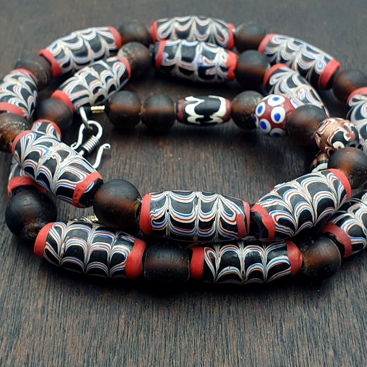 Vintage feather style unique pattern trade beads beaded necklace
