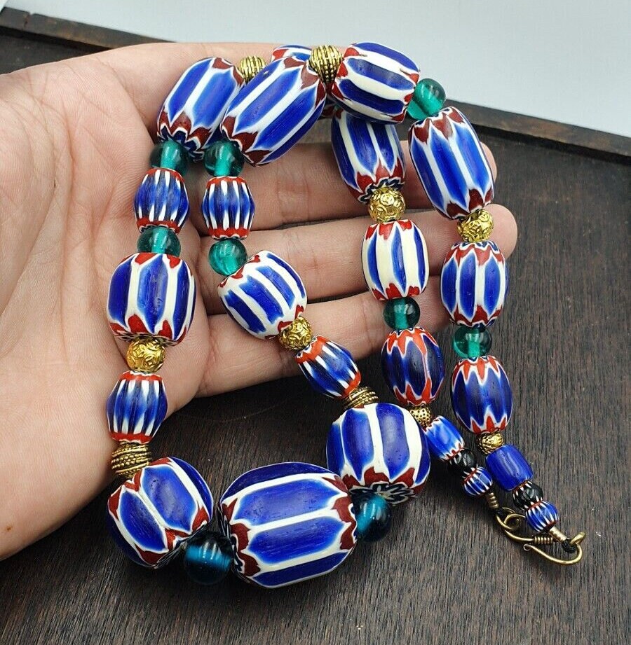 Venetian style blue chevron glass beads necklace nch-3Gift
