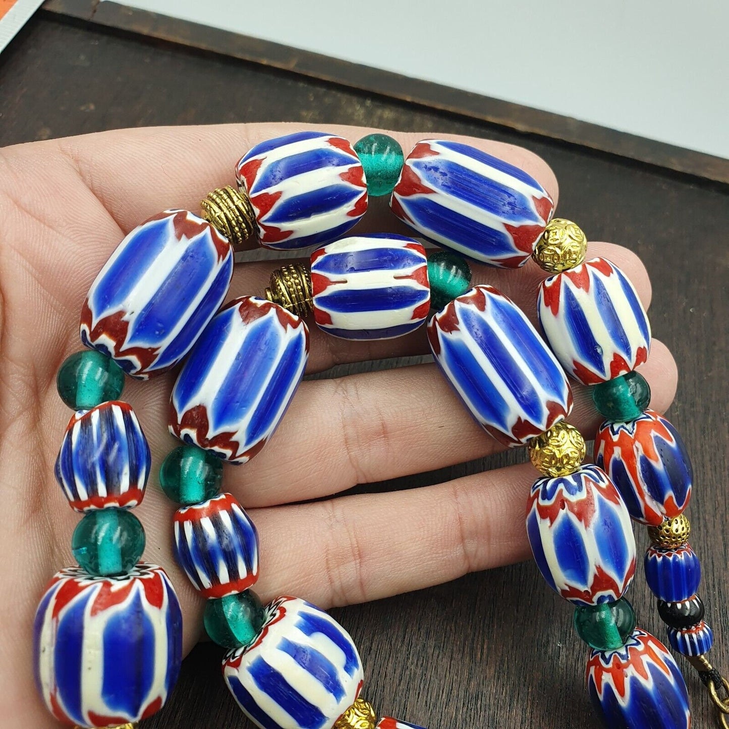 Venetian style blue chevron glass beads necklace nch-3Gift