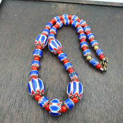 Venetian white heart and blue chevron glass beads necklace nch-2.