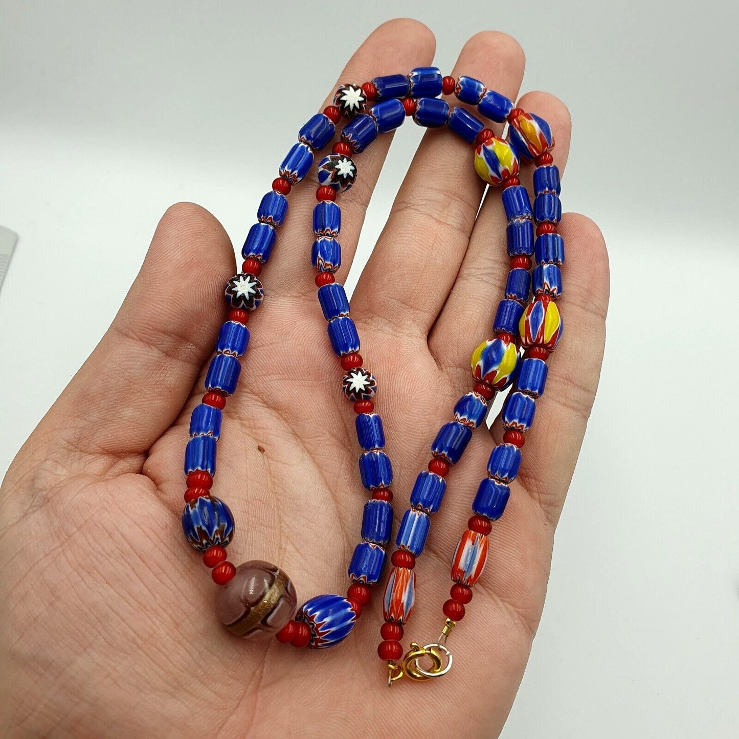 Vintage chevron and white heart venetian multilayers glass beads necklace n-93Gift