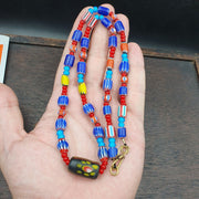 N9-11 vintage white heart venetian style blue chevron glass beads necklace.