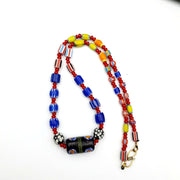 Antique white heart venetian style blue chevron glass beads necklace n9-6.