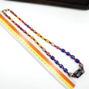 Antique white heart venetian style blue chevron glass beads necklace n9-6.