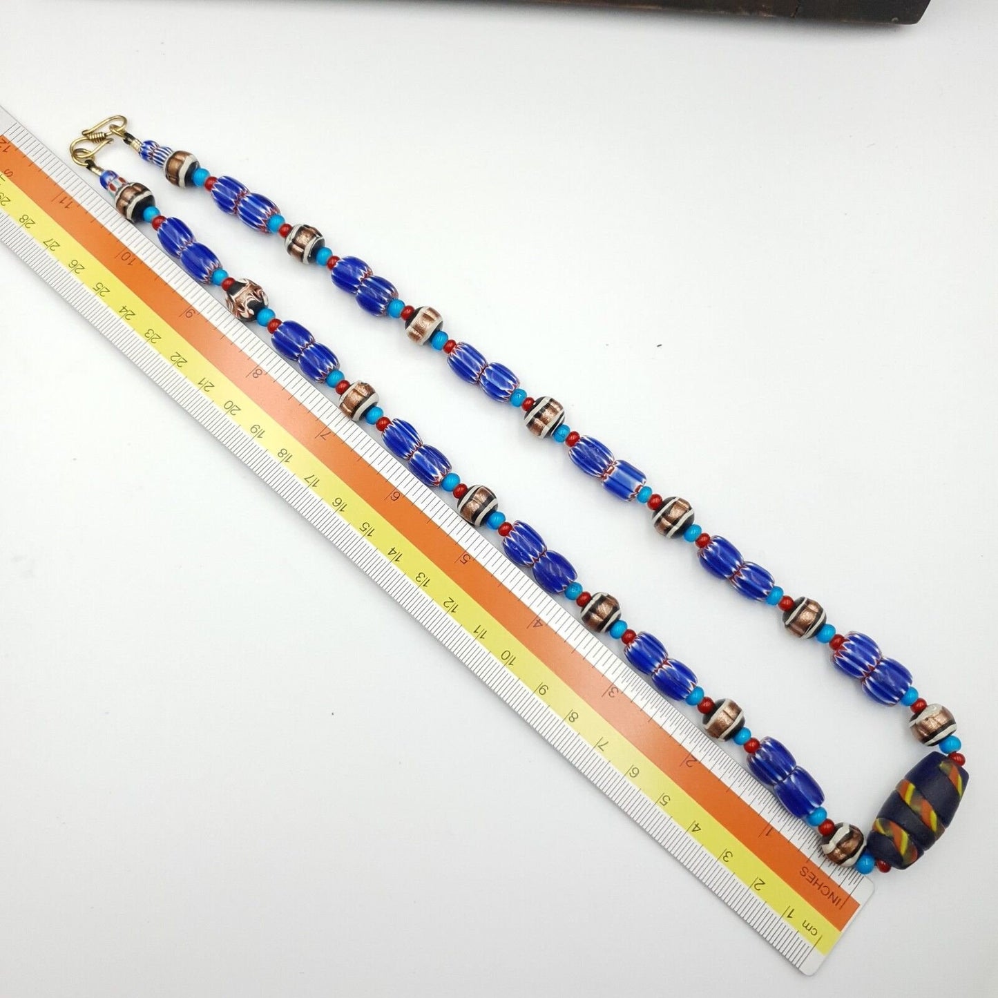 Antique white heart venetian style blue chevron glass beads necklace n9-5Gift