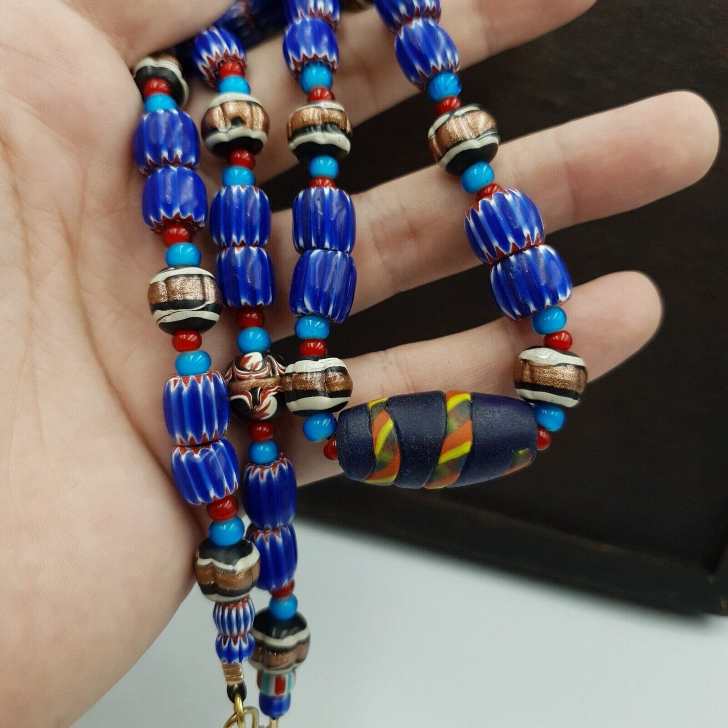 Antique white heart venetian style blue chevron glass beads necklace n9-5Gift