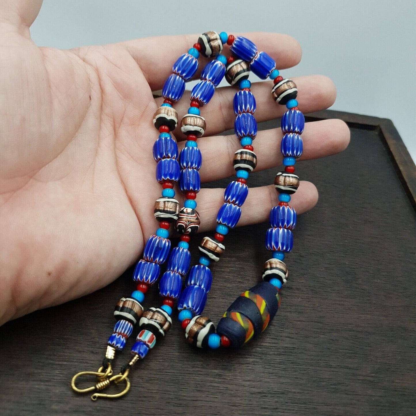 Antique white heart venetian style blue chevron glass beads necklace n9-5Gift