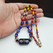 Antique white heart venetian style blue chevron glass beads necklace n9-6.