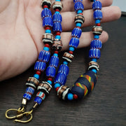 Antique white heart venetian style blue chevron glass beads necklace n9-5.