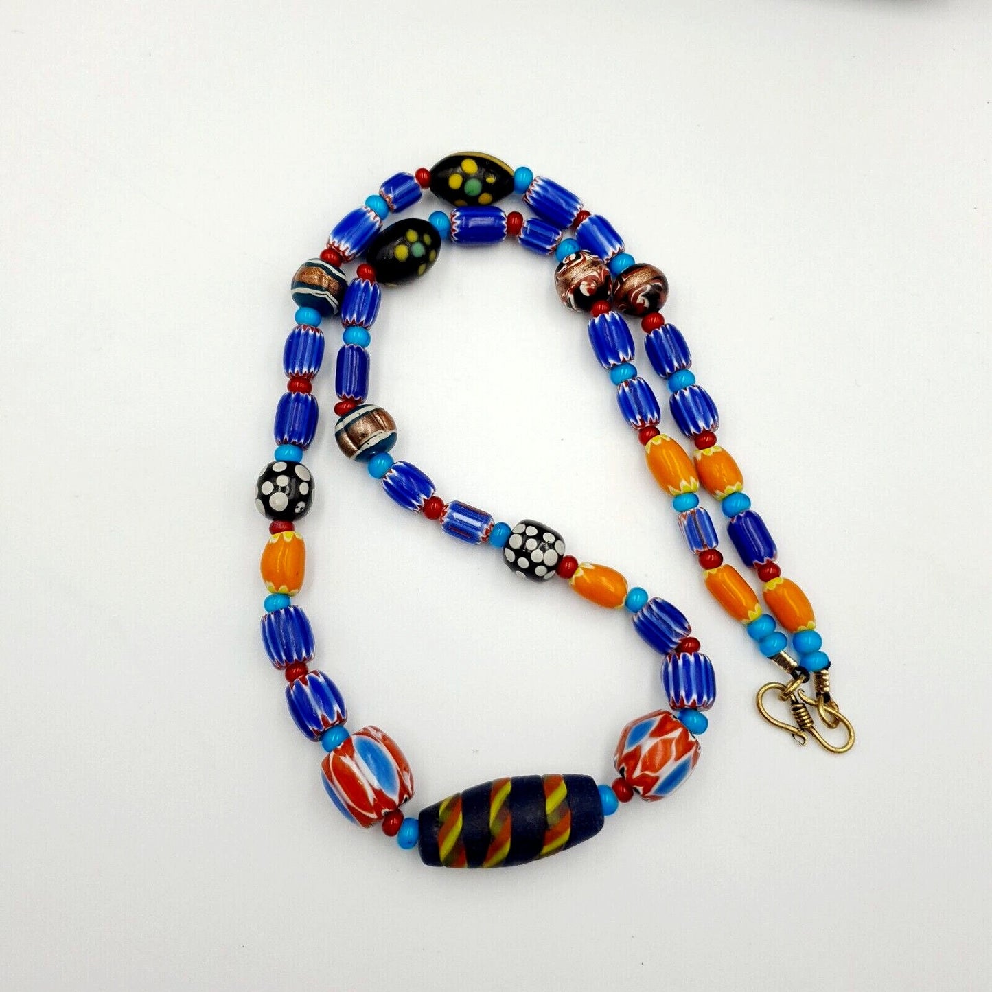 Antique white heart venetian style blue chevron glass beads necklace n9-7Gift