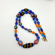Antique white heart venetian style blue chevron glass beads necklace n9-7.