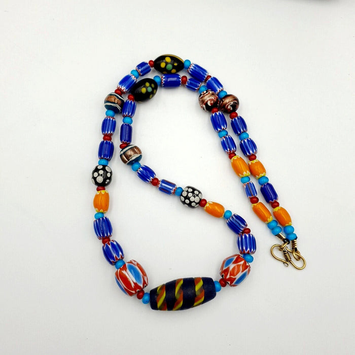 Antique white heart venetian style blue chevron glass beads necklace n9-7Gift
