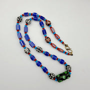Antique white heart venetian style blue chevron glass beads necklace n9-8.