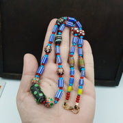Antique white heart venetian style blue chevron glass beads necklace n94.