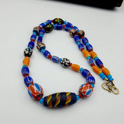 Antique white heart venetian style blue chevron glass beads necklace n9-7.