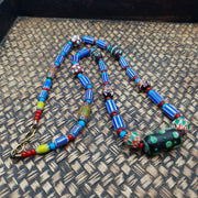 Antique white heart venetian style blue chevron glass beads necklace n94.